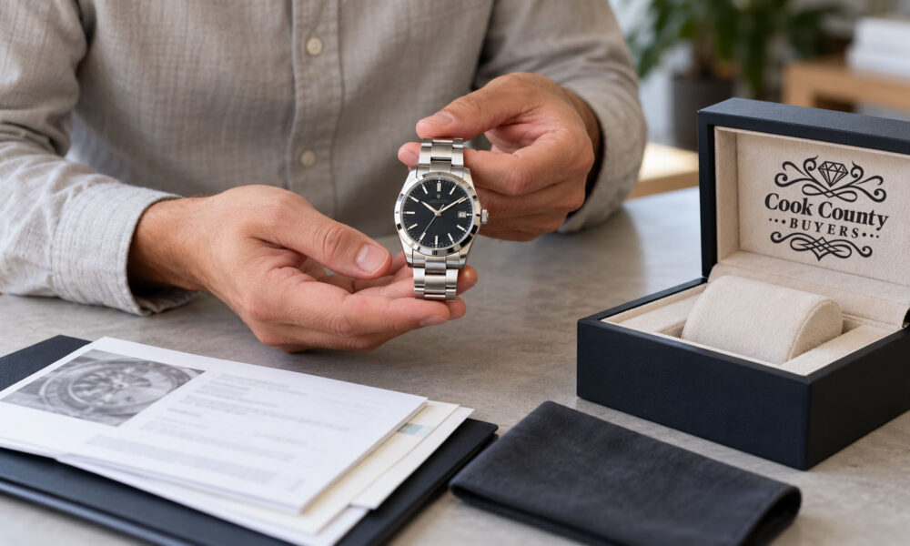 Luxury wristwatch with its box and service records prepared for a buyer’s review